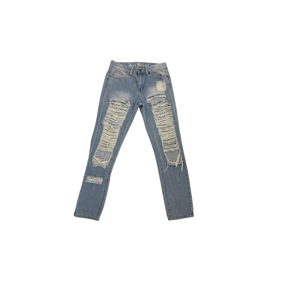 V.I.P Boyfriend Distressed Straight Leg Loose Fit  Denim Blue Jeans Size 1/2